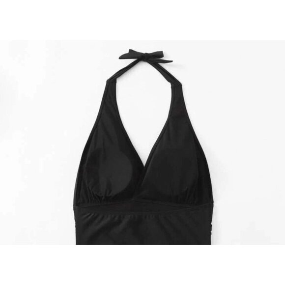 NWOT One Piece Swimsuit Plus Ruched Backless HalterTie Removable Cups 3XL Black - Picture 5 of 12